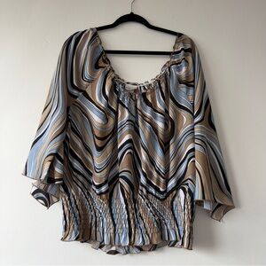 Wavy Stripe Smock-Waist Blouse in Blue & Tan Fashion Bug